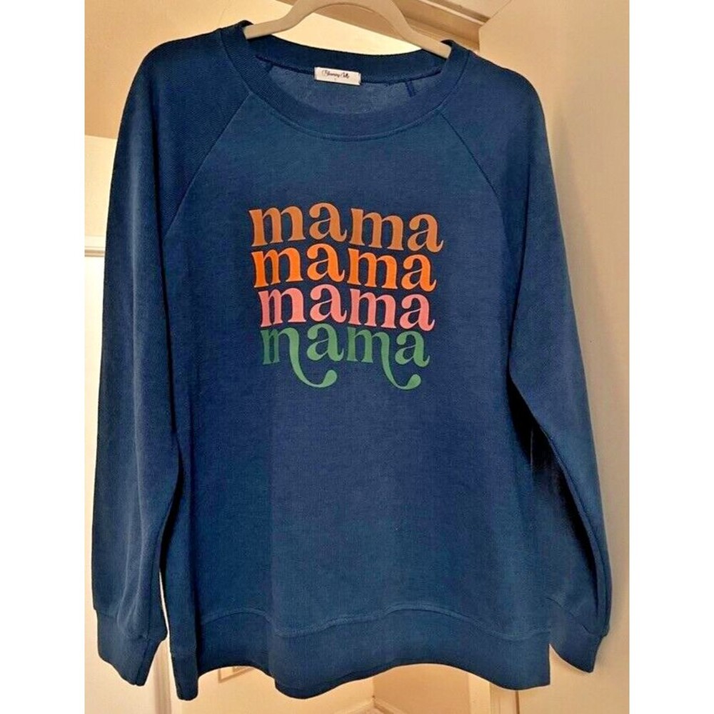 BLOOMING JELLY Womens’ Blue Mama Sweatshirt Sz Large Cozy Crew Neck Graphic